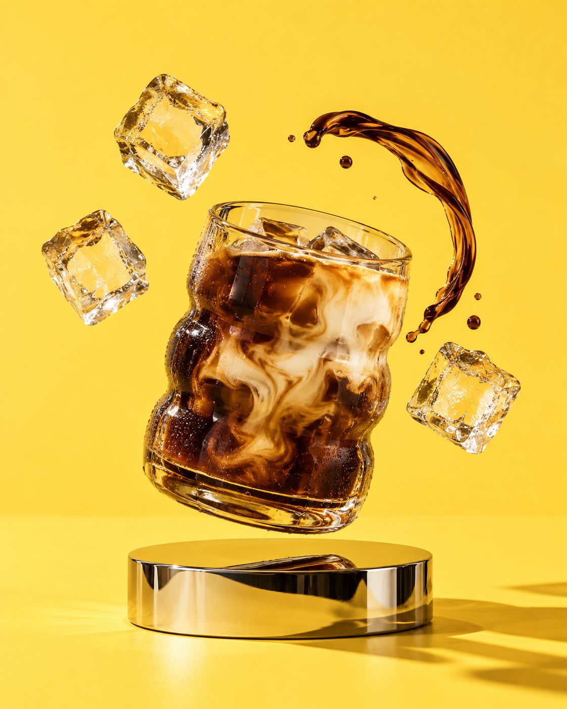 Café helado suspendido sobre un pedestal de cromo, entre cubos de hielo y un arco de café.