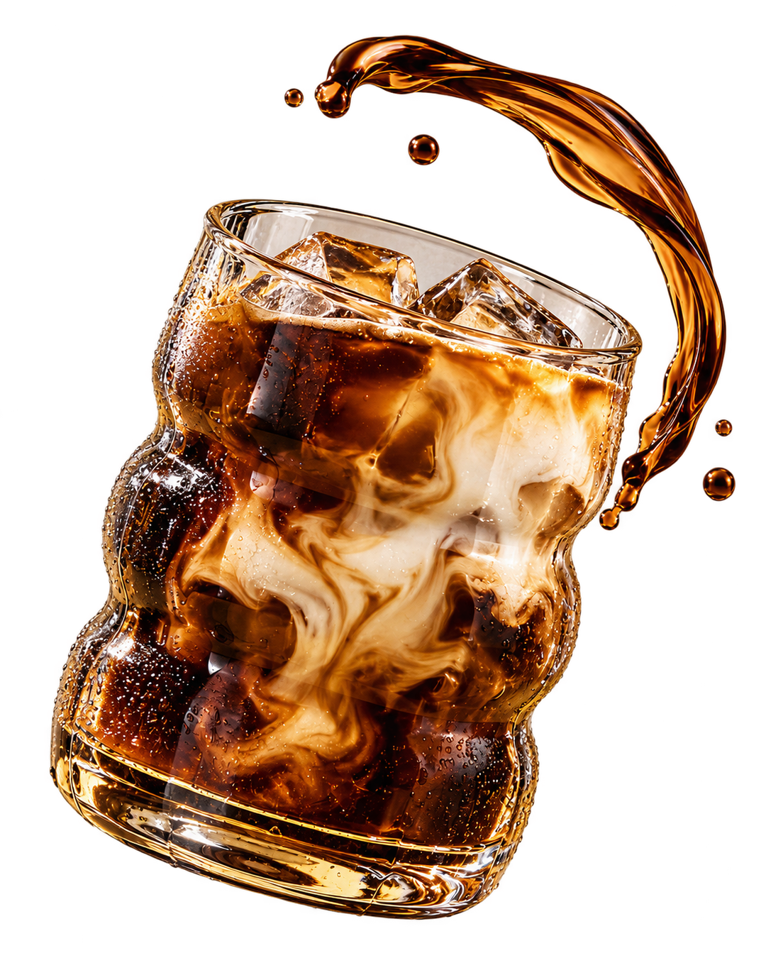 Vaso ondulado de café helado con una cinta de espresso suspendida a su alrededor.