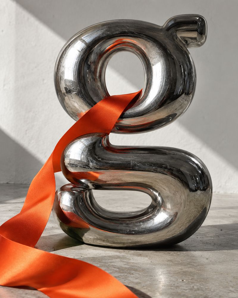 Escultura cromada de una g con una cinta naranja. Puedes activar su versión interactiva.