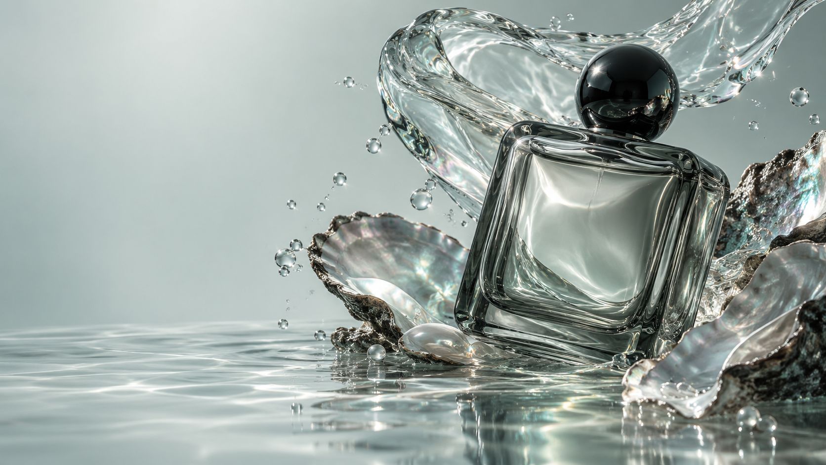 Frasco de perfume de vidrio entre agua suspendida y fragmentos de nácar.