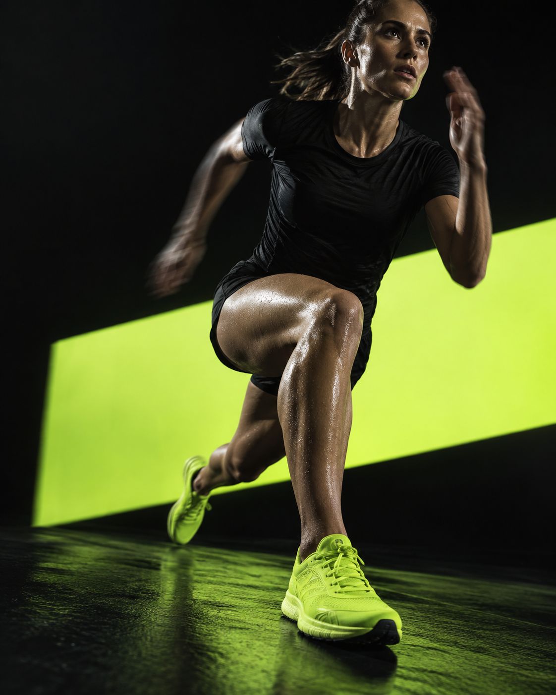 Atleta en movimiento con zapatillas verde lima sobre un escenario negro de iluminación intensa.