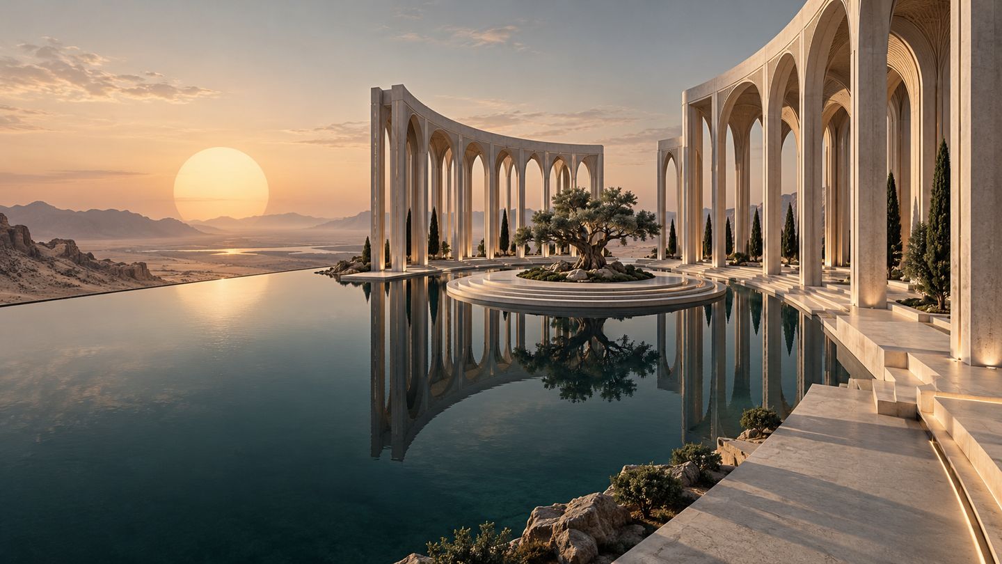 Pabellón monumental de arcos de piedra sobre una piscina reflectante al atardecer.