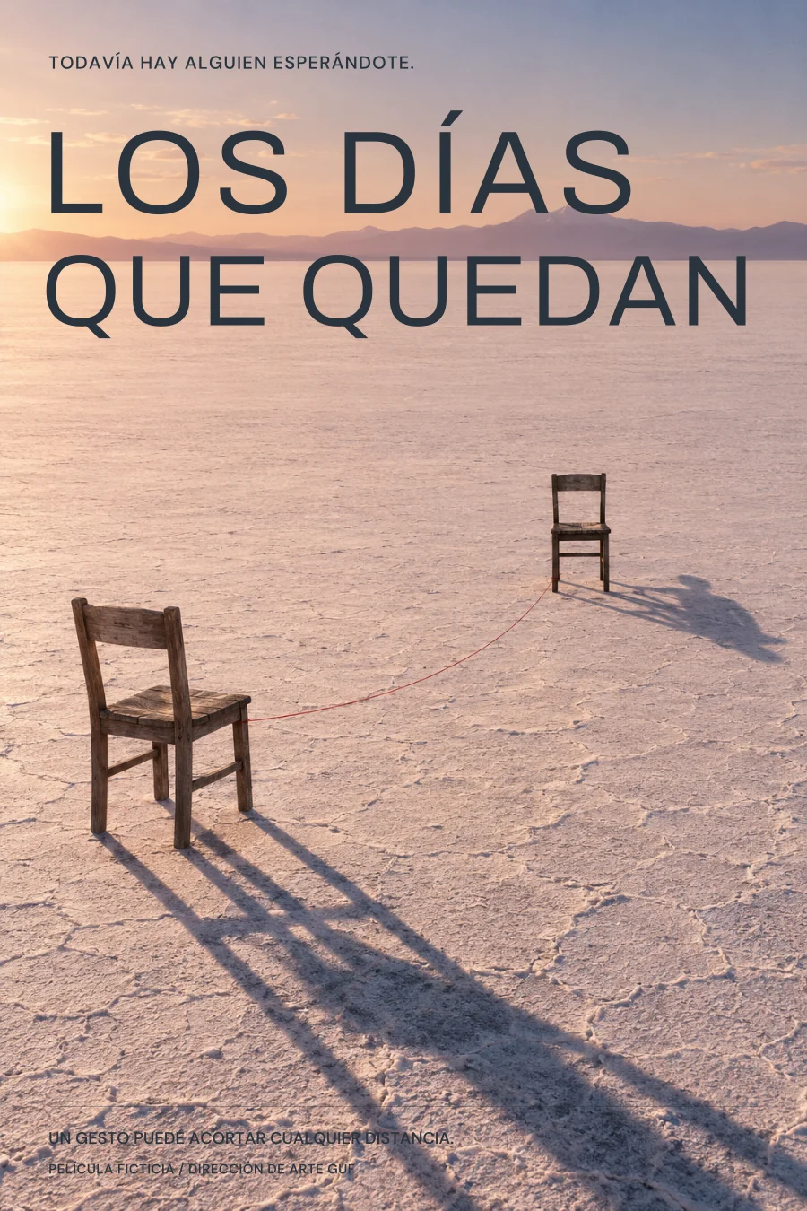 Afiche ficticio Los días que quedan: dos sillas separadas en un salar, conectadas por un hilo rojo.