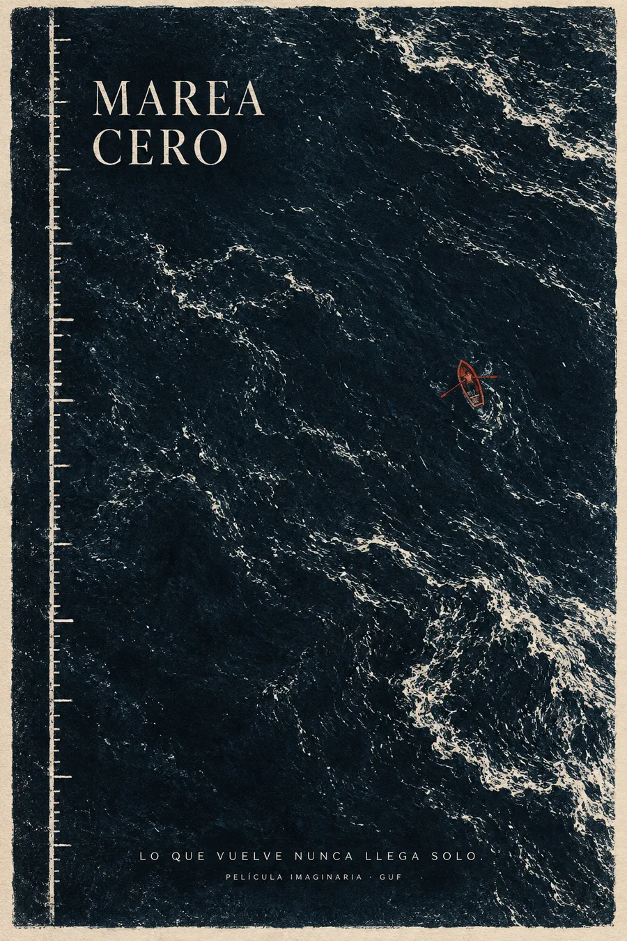 Afiche ficticio MAREA CERO: una pequeña barca roja rodeada por un mar de tinta azul, trazos de grabado y tipografía serif.