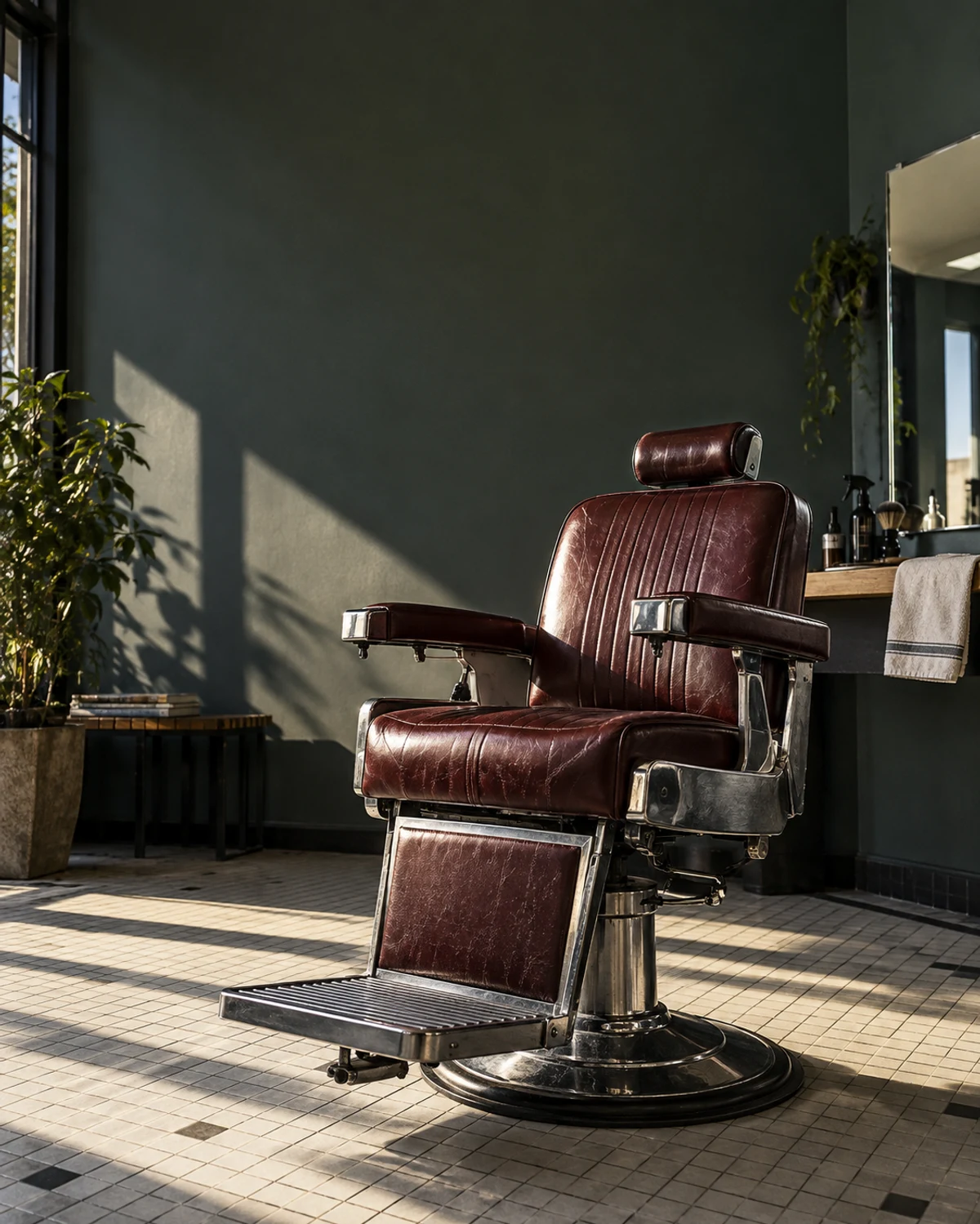 Sillón de barbería de cuero burdeo y acero en un local vacío con luz de tarde.